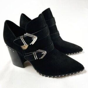 Gianni Bini Women’s Black Suede Buckle Studded Heel Booties – Size 8